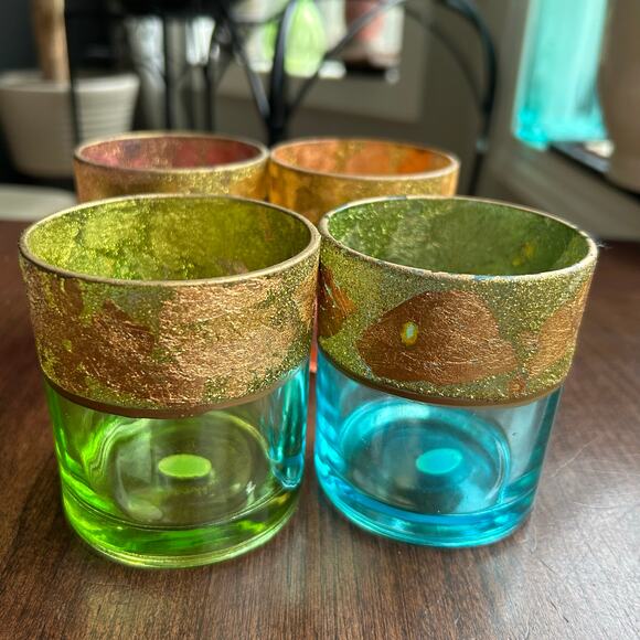 Set of 4 Colored Glass Boho Votive Holders  w/ Gold Foil Band elements - Picture 5 of 11